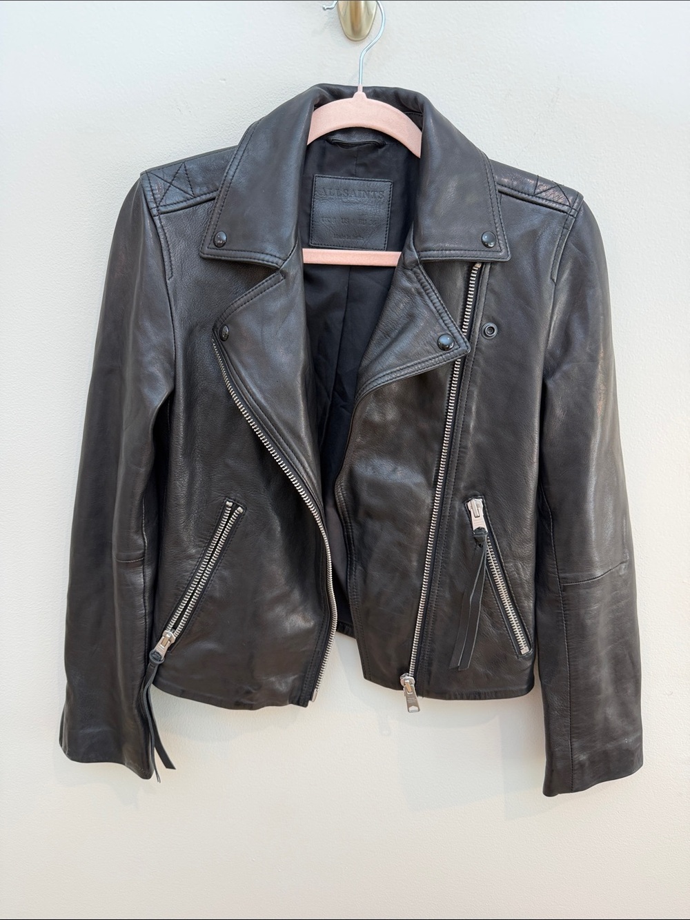 All Saints Black Leather Biker Jacket with Silver Hardware